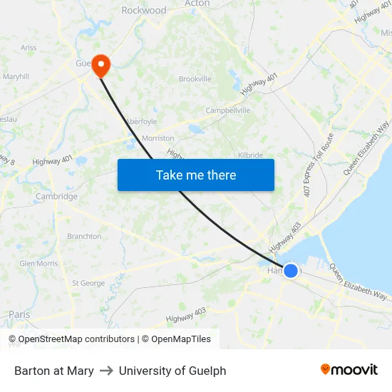 Barton at Mary to University of Guelph map
