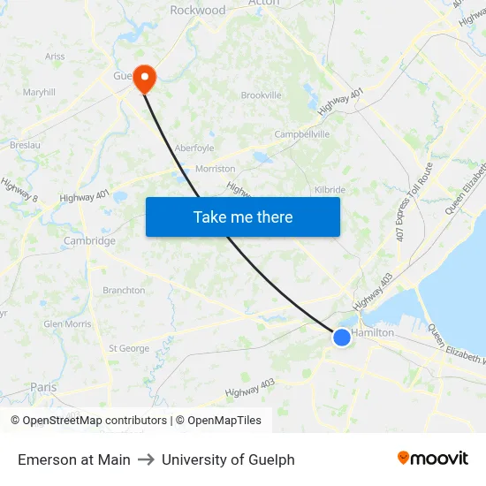Emerson at Main to University of Guelph map