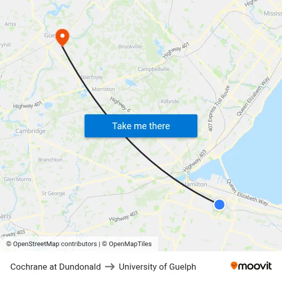 Cochrane at Dundonald to University of Guelph map