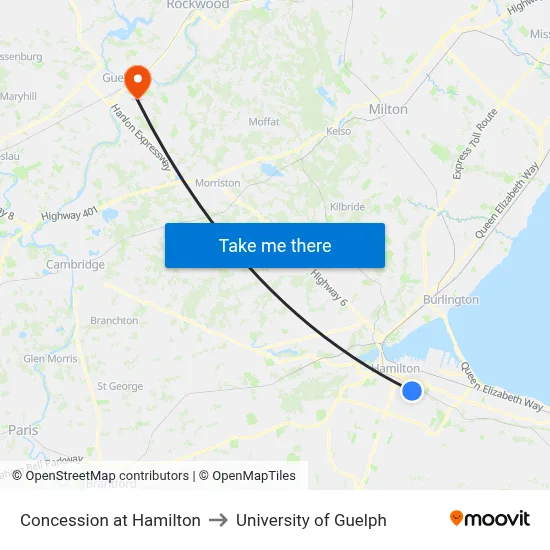 Concession at Hamilton to University of Guelph map