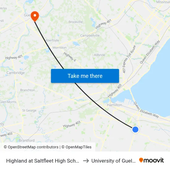 Highland at Saltfleet High School to University of Guelph map