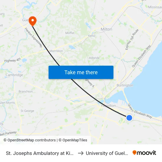 St. Josephs Ambulatory at King to University of Guelph map