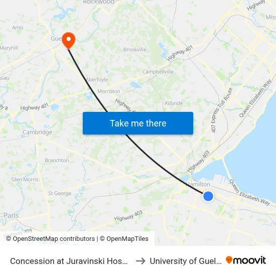 Concession at Juravinski Hospital to University of Guelph map