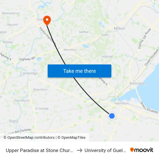 Upper Paradise at Stone Church to University of Guelph map