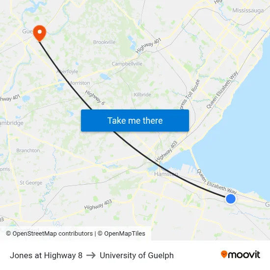 Jones at Highway 8 to University of Guelph map