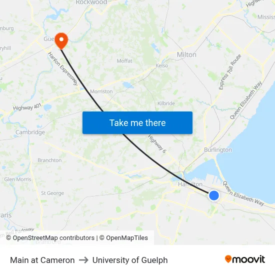 Main at Cameron to University of Guelph map