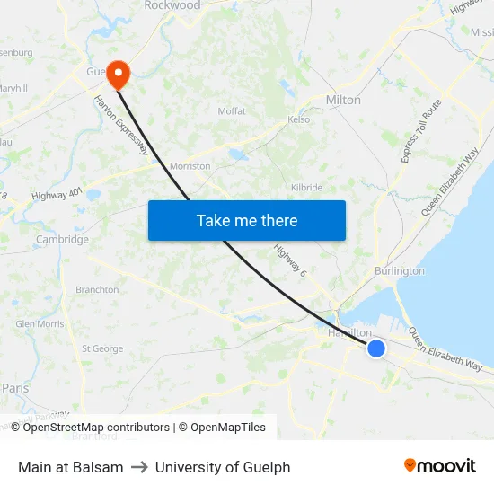 Main at Balsam to University of Guelph map