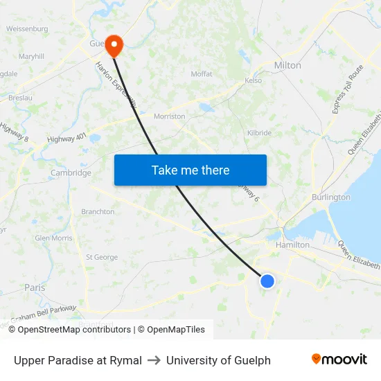 Upper Paradise at Rymal to University of Guelph map
