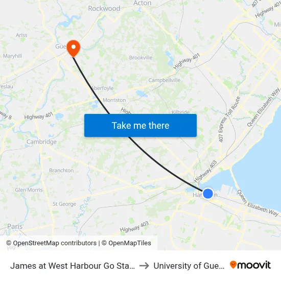 James at West Harbour Go Station to University of Guelph map