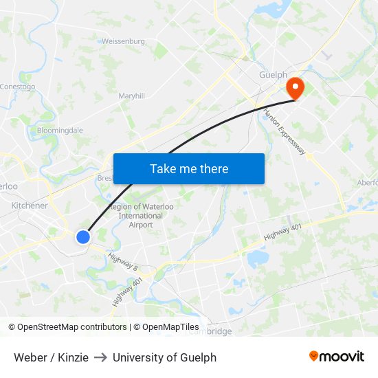 Weber / Kinzie to University of Guelph map