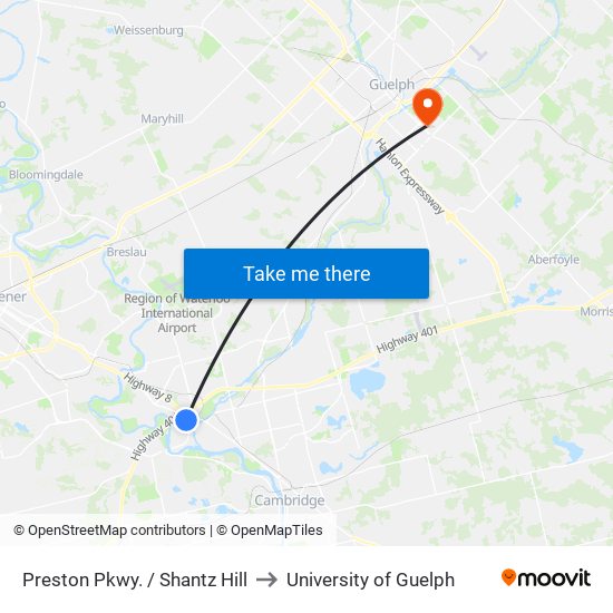 Preston Pkwy. / Shantz Hill to University of Guelph map