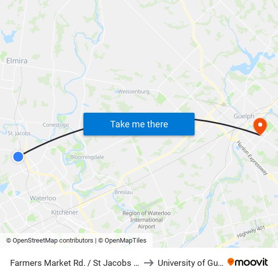 Farmers Market Rd. / St Jacobs Market to University of Guelph map