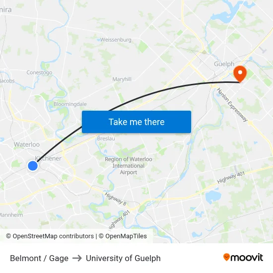 Belmont / Gage to University of Guelph map