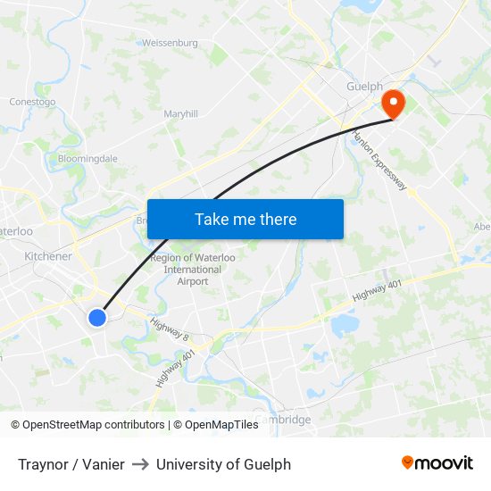 Traynor / Vanier to University of Guelph map