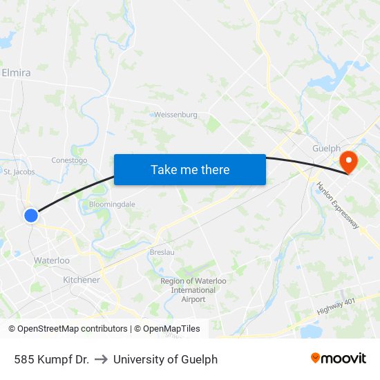 585 Kumpf Dr. to University of Guelph map