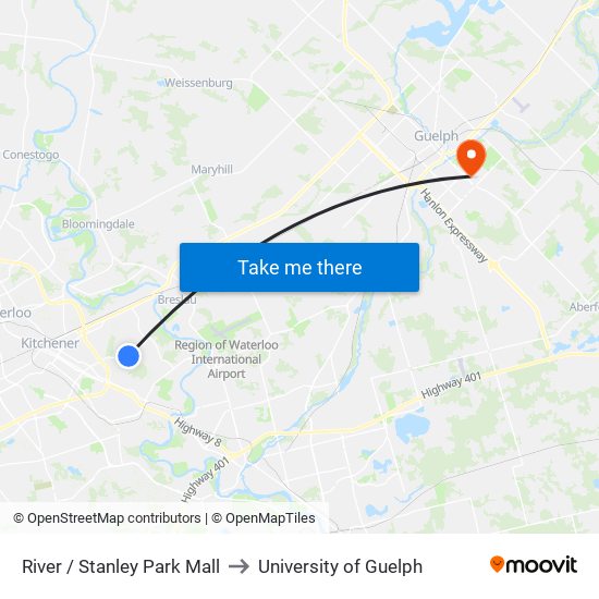 River / Stanley Park Mall to University of Guelph map