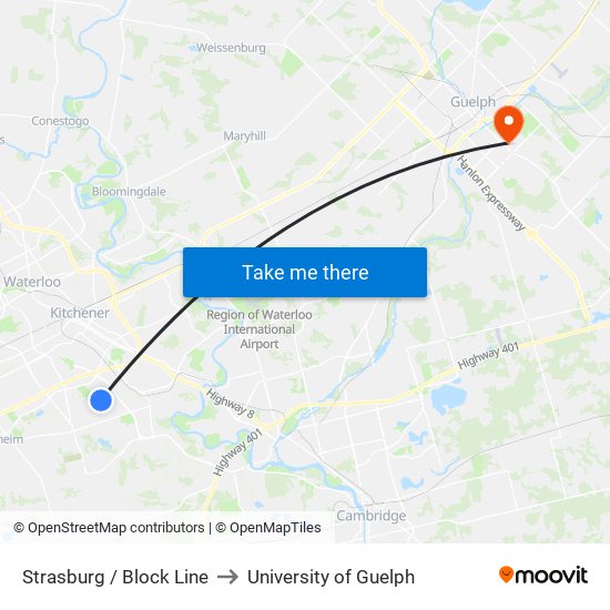 Strasburg / Block Line to University of Guelph map