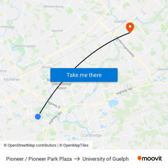 Pioneer / Pioneer Park Plaza to University of Guelph map