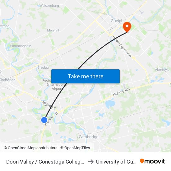 Doon Valley / Conestoga College Blvd. to University of Guelph map