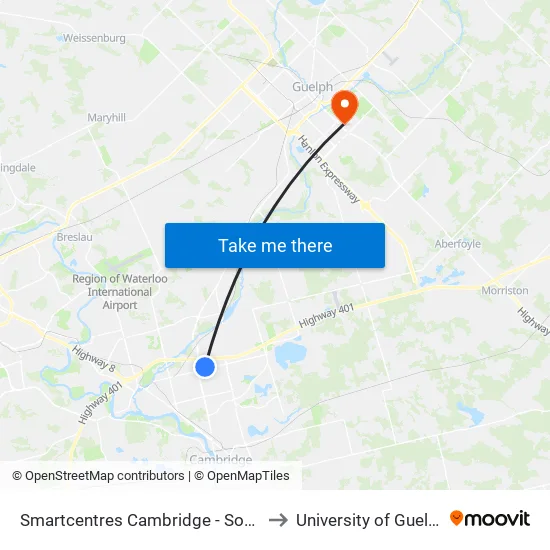 Smartcentres Cambridge - South to University of Guelph map