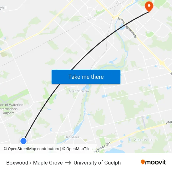 Boxwood / Maple Grove to University of Guelph map