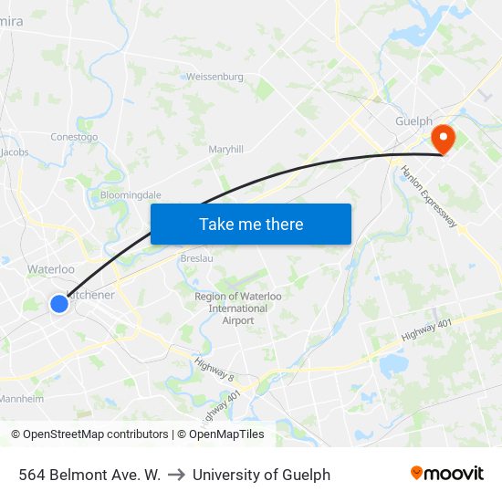 564 Belmont Ave. W. to University of Guelph map