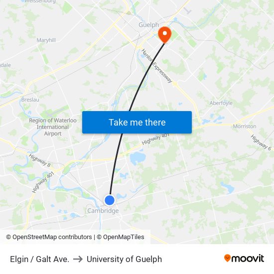 Elgin / Galt Ave. to University of Guelph map