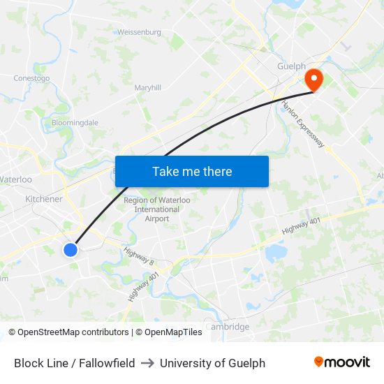 Block Line / Fallowfield to University of Guelph map