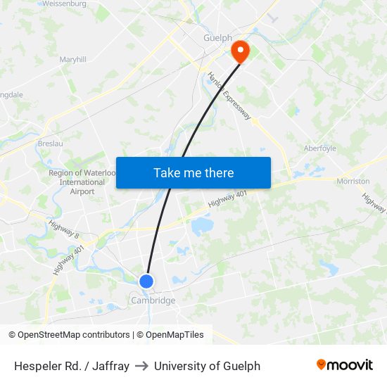 Hespeler Rd. / Jaffray to University of Guelph map