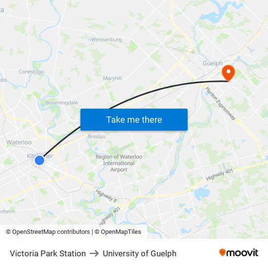 Victoria Park Station to University of Guelph map