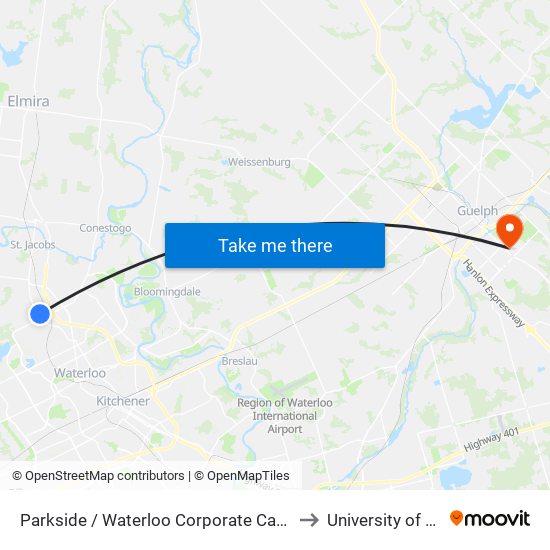 Parkside / Waterloo Corporate Campus - North to University of Guelph map