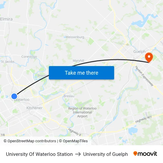 University Of Waterloo Station to University of Guelph map