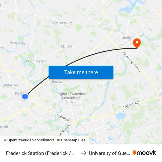 Frederick Station (Frederick / King) to University of Guelph map