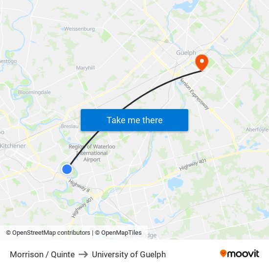 Morrison / Quinte to University of Guelph map