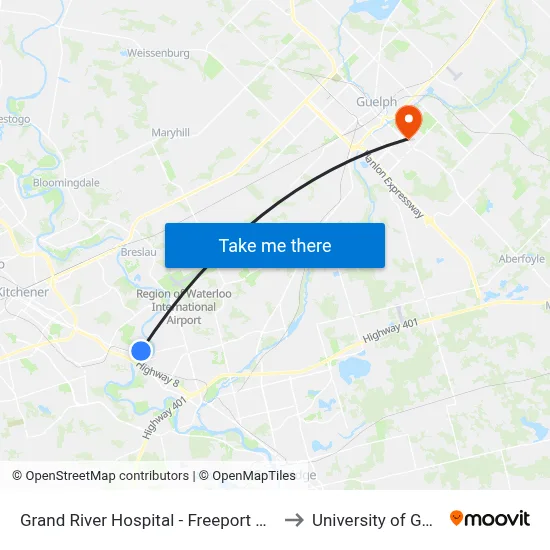 Grand River Hospital - Freeport Campus to University of Guelph map