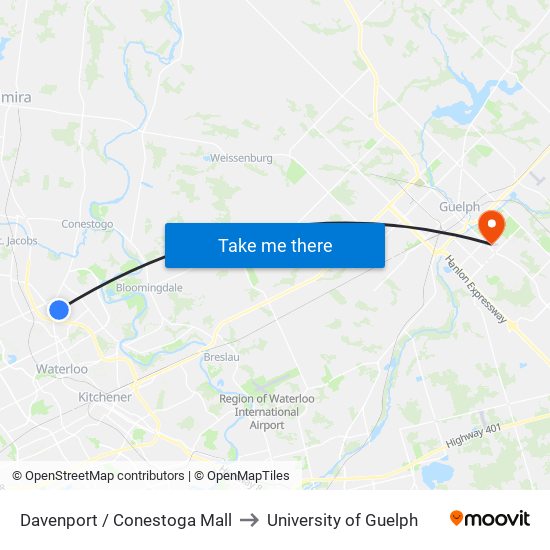 Davenport / Conestoga Mall to University of Guelph map