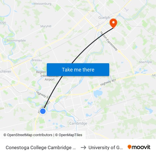 Conestoga College Cambridge Campus to University of Guelph map