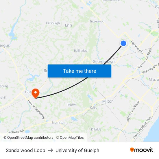 Sandalwood Loop to University of Guelph map