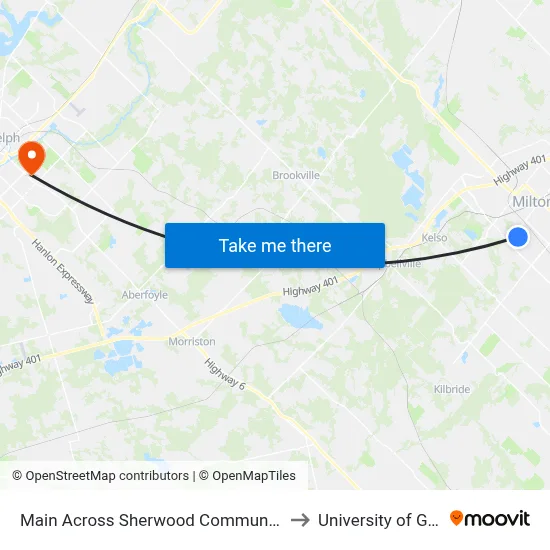 Main Across Sherwood Community Centre to University of Guelph map