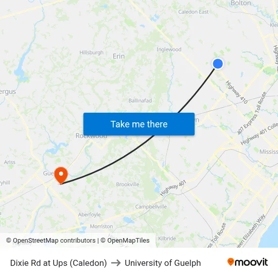 Dixie Rd at Ups (Caledon) to University of Guelph map