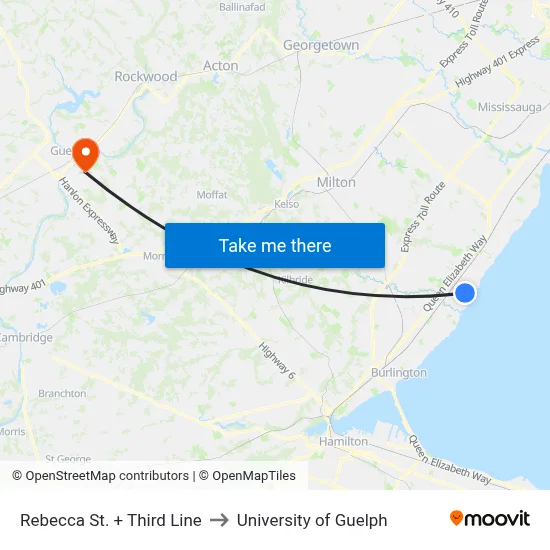 Rebecca St. + Third Line to University of Guelph map