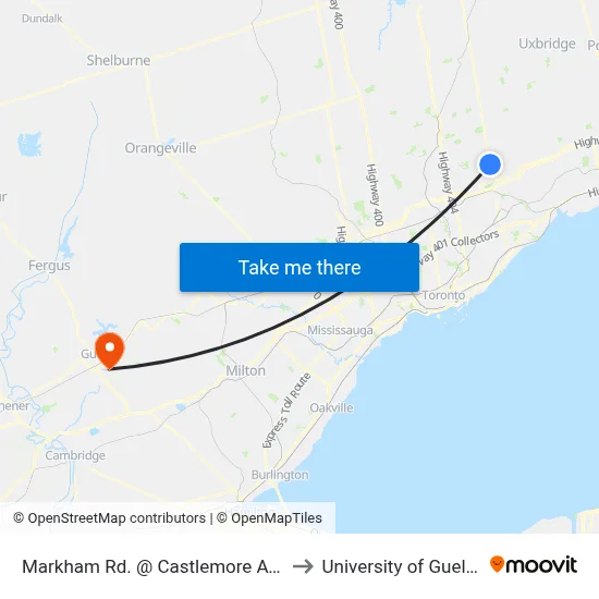 Markham Rd. @ Castlemore Ave. to University of Guelph map