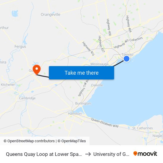 Queens Quay Loop at Lower Spadina Ave to University of Guelph map