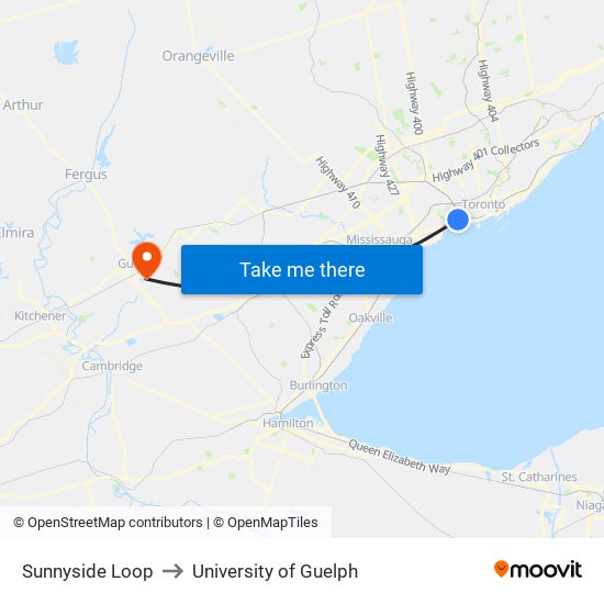 Sunnyside Loop to University of Guelph map
