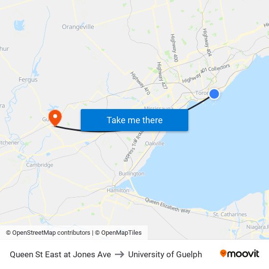 Queen St East at Jones Ave to University of Guelph map