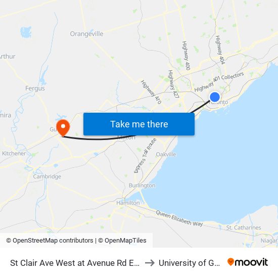 St Clair Ave West at Avenue Rd East Side to University of Guelph map
