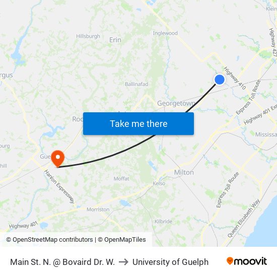 Main St. N. @ Bovaird Dr. W. to University of Guelph map