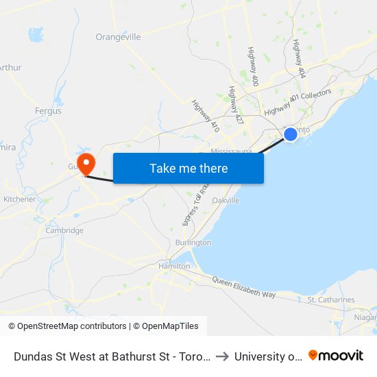 Dundas St West at Bathurst St - Toronto Western Hospital to University of Guelph map