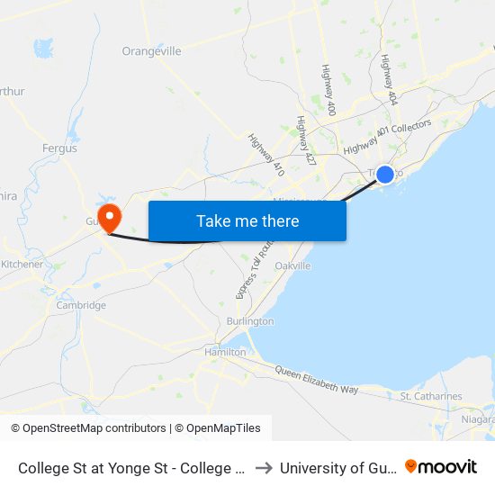 College St at Yonge St - College Station to University of Guelph map