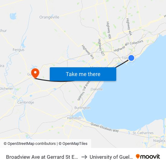Broadview Ave at Gerrard St East to University of Guelph map